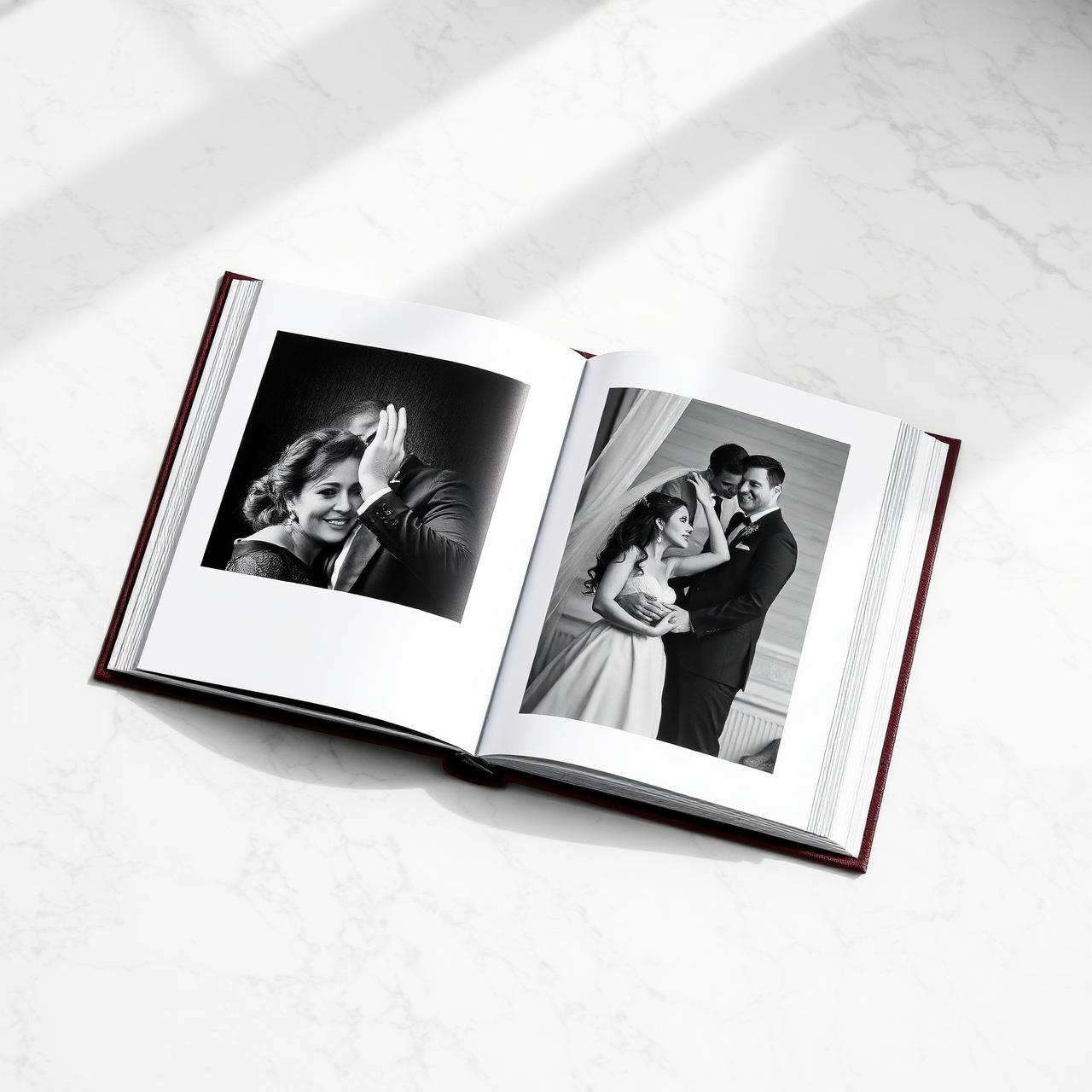 Álbum de fotografias aberto sobre mármore